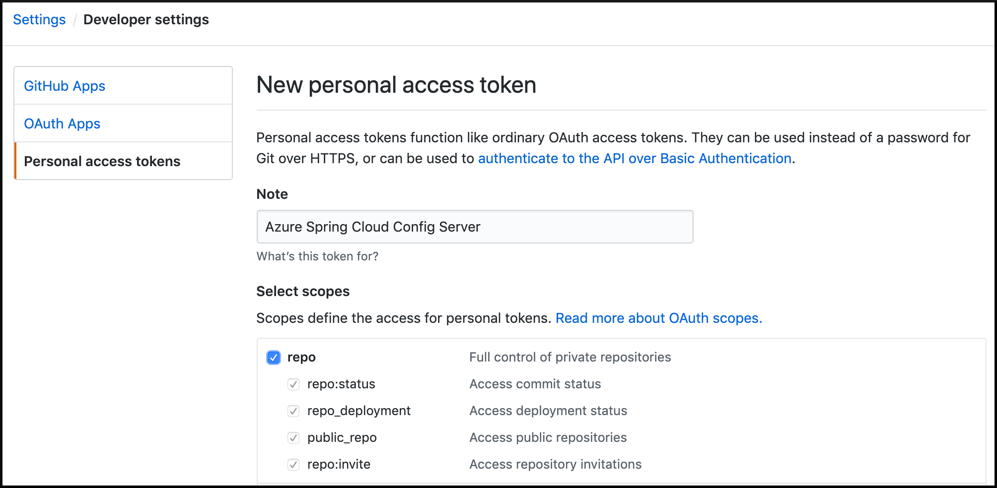 Recorte de pantalla que muestra la configuración del token de acceso personal de GitHub.