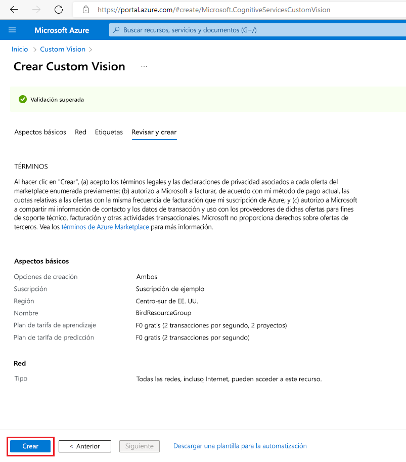 Captura de pantalla en la que se resaltan los elementos que se deben seleccionar en Azure Portal para crear un nuevo recurso de Custom Vision.