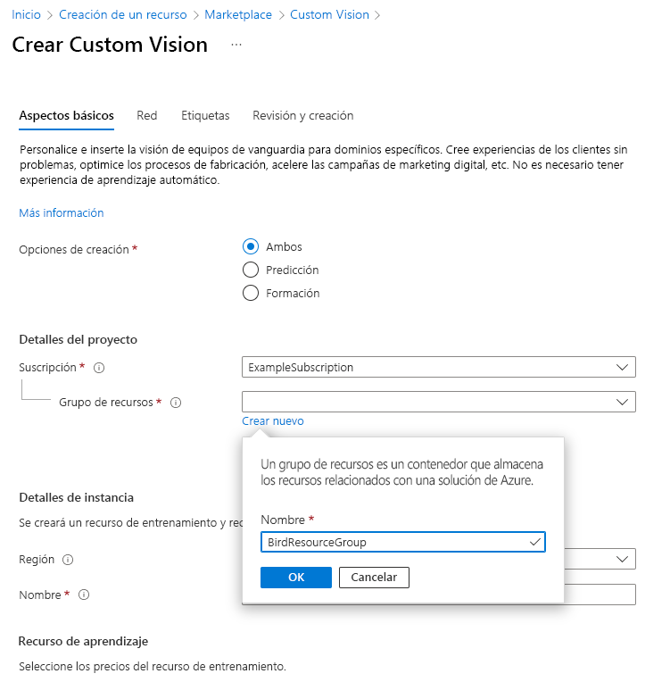 Captura de pantalla que muestra cómo crear un nuevo grupo de recursos en Azure Portal.