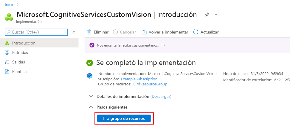 Captura de pantalla que muestra la página implementación finalizada en Azure Portal, con el botón Ir al recurso resaltado.