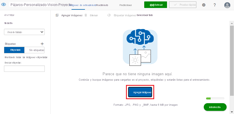 Captura de pantalla que resalta el botón Agregar imágenes en un proyecto de Custom Vision.