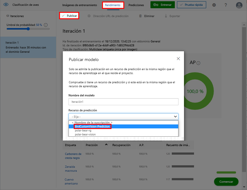 Captura de pantalla que muestra cómo publicar un modelo de Custom Vision entrenado.