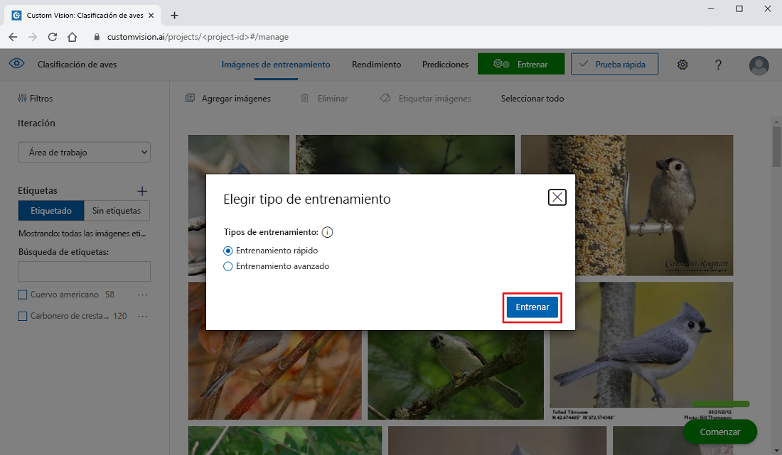 Captura de pantalla que muestra cómo crear una iteración de entrenamiento rápido en el portal de Custom Vision.