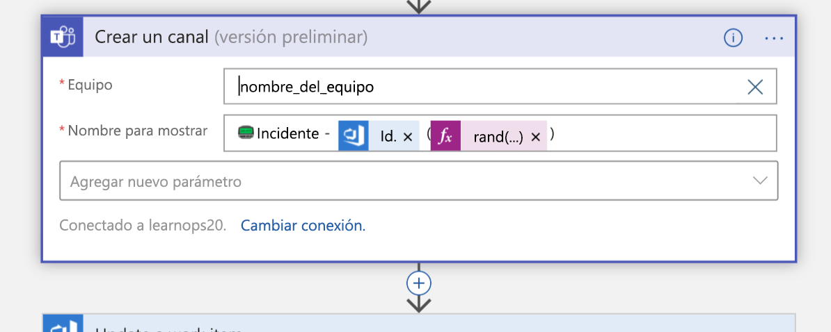 Screenshot of the Create a channel block in Logic App Designer view of the Logic App.