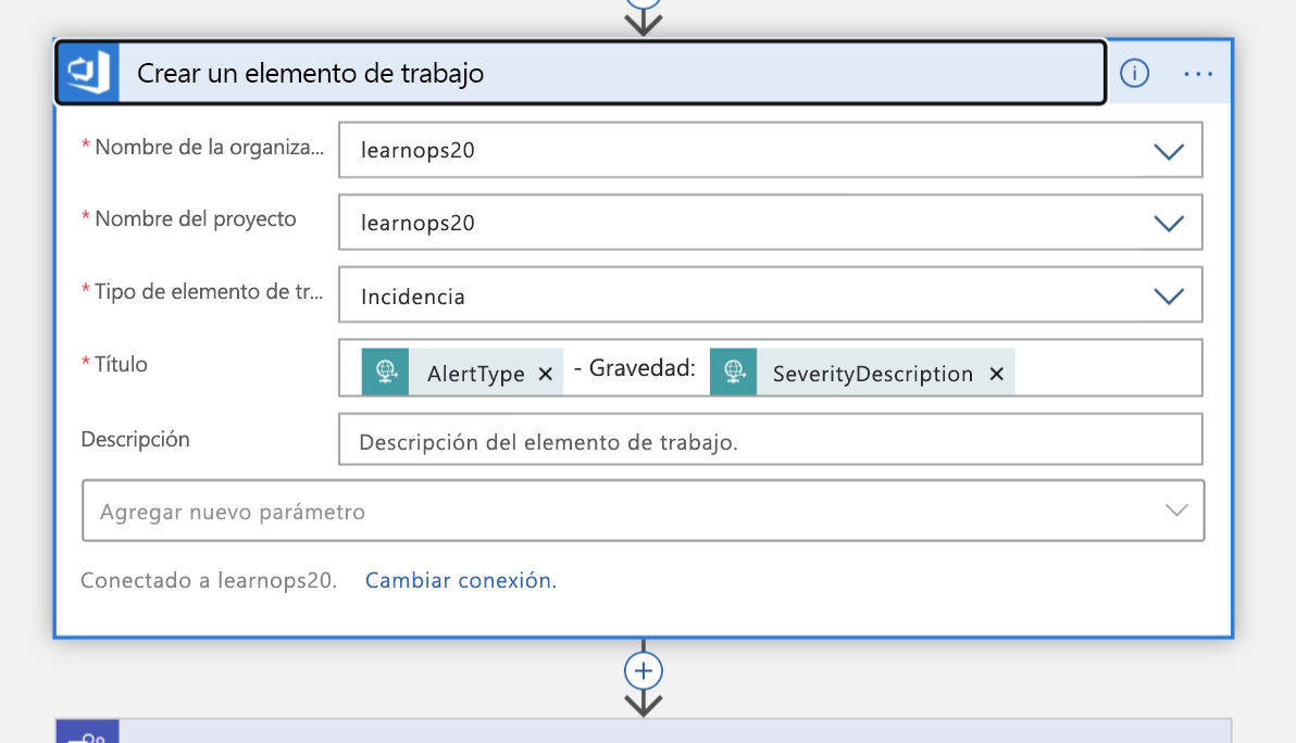 Screenshot of the Create a work item block in Logic App Designer view of the Logic App.