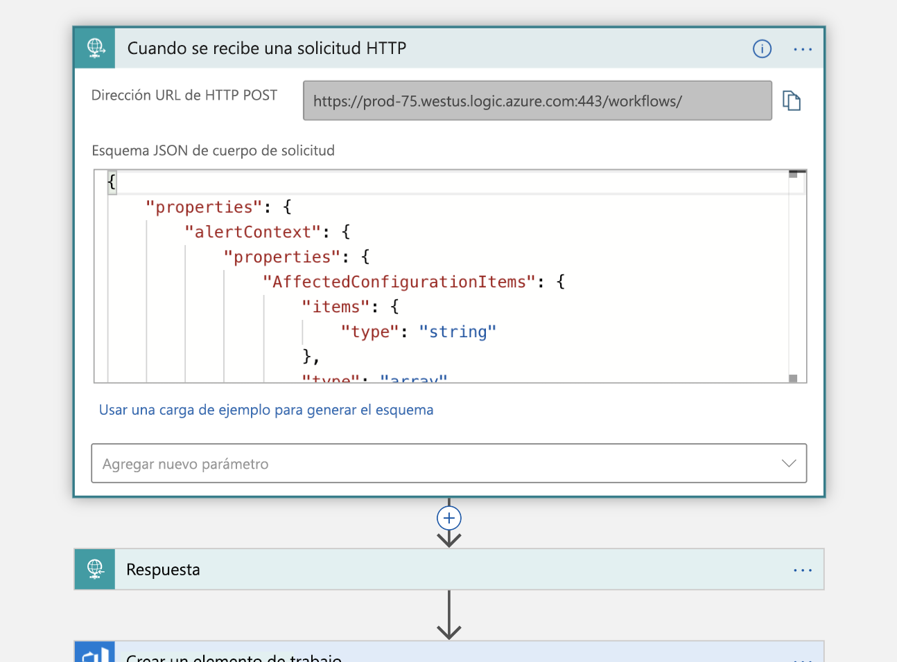 Screenshot of the HTTP and Response block in Logic App Designer view of the Logic App.