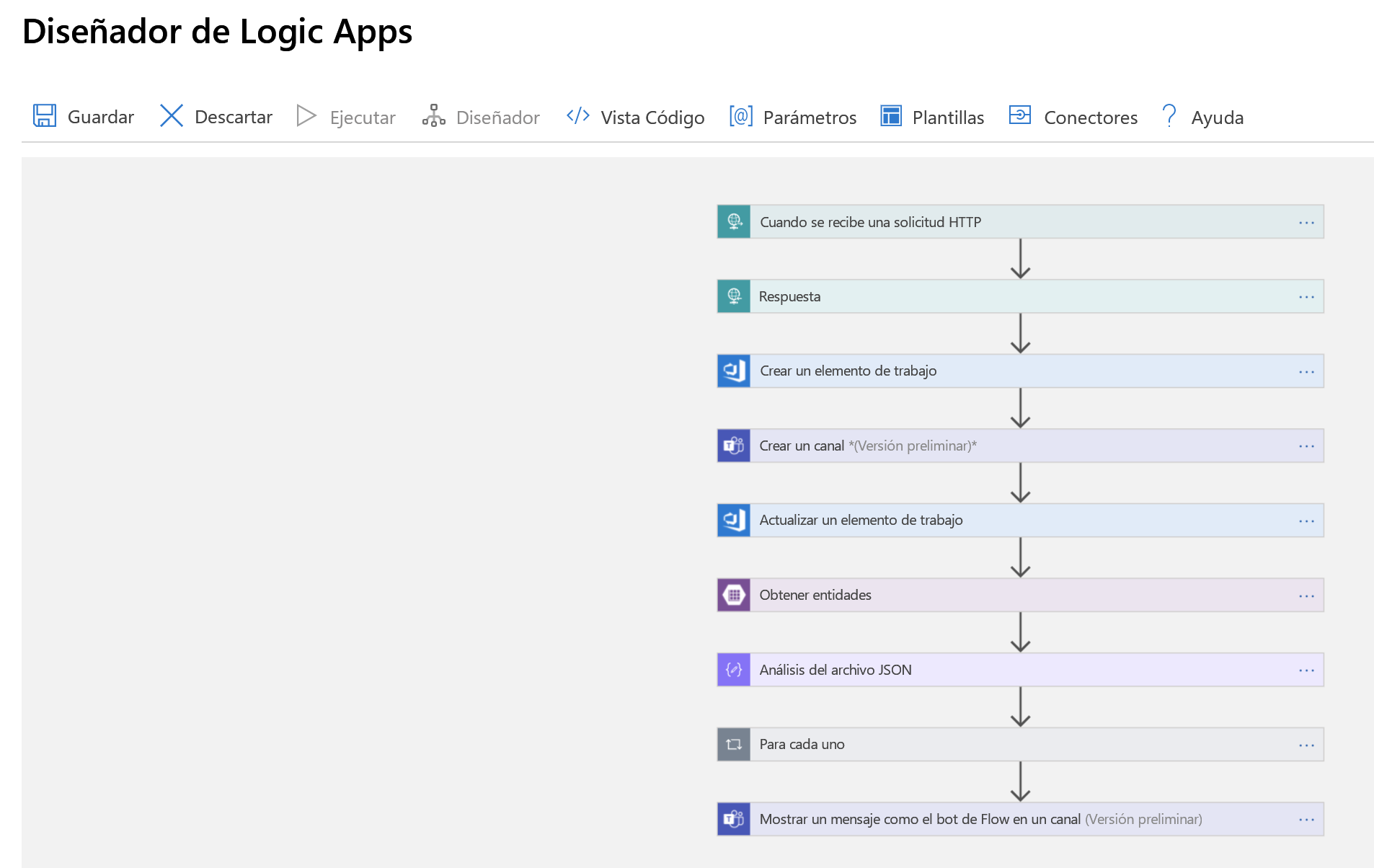 Screenshot of a zoomed out view of a logic app as displayed in the Logic Apps Designer.