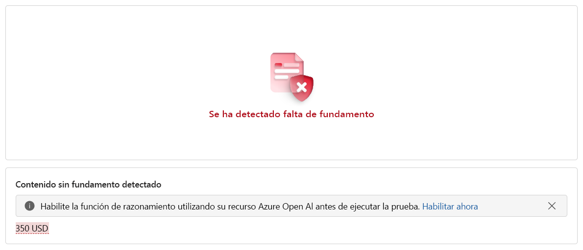 Recorte de pantalla de los resultados de la fundamentación. Los resultados muestran que se ha detectado falta de fundamento. Además, se proporciona una anotación para indicar el contenido no fundamentado.