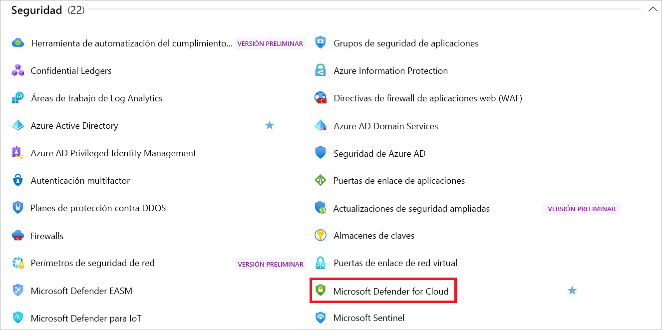 Captura de pantalla en la que se muestra el panel Todos los servicios con Defender for Cloud resaltado.