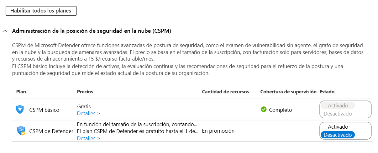 Captura de pantalla que muestra las opciones de CSPM fundacional y CSPM de Defender.