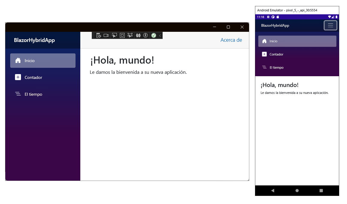 Captura de pantalla de la aplicación de Blazor Hybrid predeterminada que se ejecuta en Windows y Android.