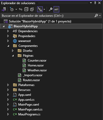 Captura de pantalla del Explorador de soluciones de Visual Studio 2022 con una lista de los archivos de un proyecto de Blazor de .NET MAUI predeterminado.