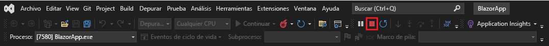 Captura de pantalla de la barra de herramientas depurar en Visual Studio con el botón Detener depuración resaltado.