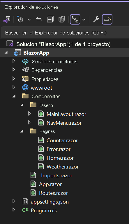 Captura de pantalla del Explorador de soluciones de Visual Studio 2022 con una lista de los archivos de un proyecto de Blazor predeterminado.