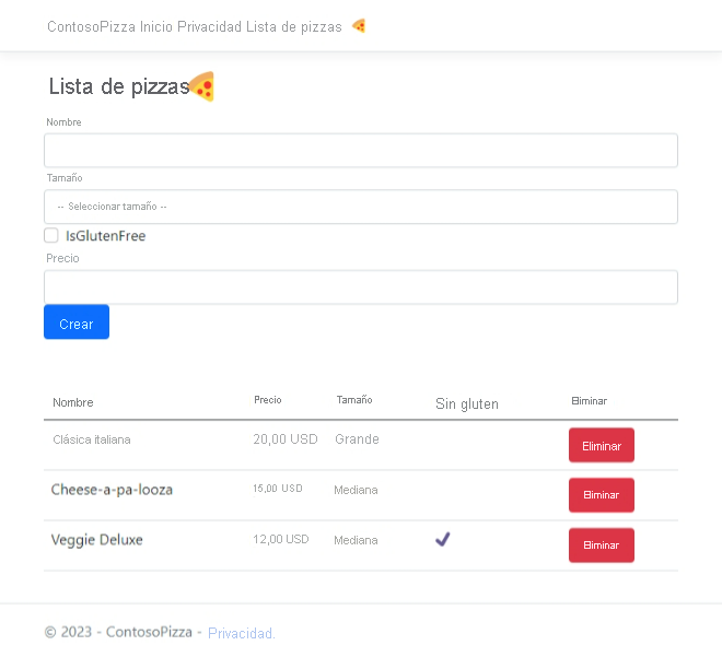 Captura de pantalla de la página Lista de pizzas con el formulario de nueva pizza.