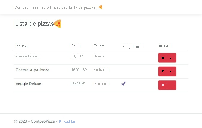 Captura de pantalla de la página Lista de pizzas con la lista de trabajo.