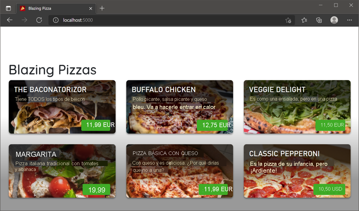 Captura de pantalla de una lista de Blazing Pizzas.