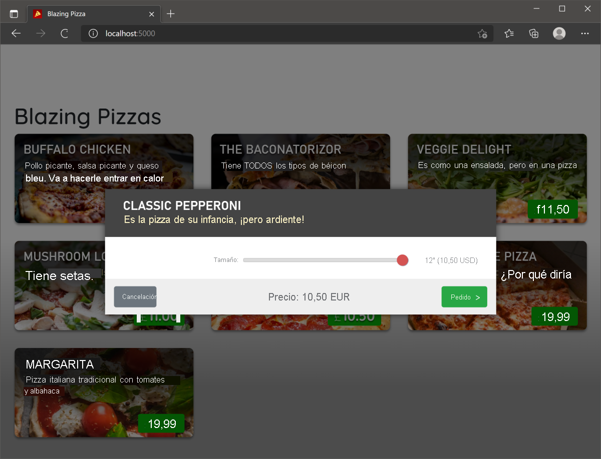 Captura de pantalla que muestra el cuadro de diálogo de pedido de pizzas.