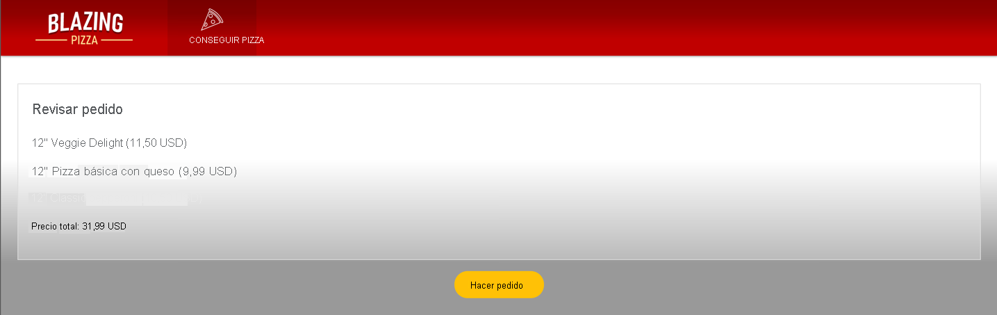 Captura de pantalla en la que se muestra la página de finalización de la compra con algunas pizzas.