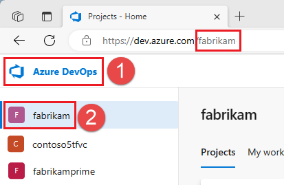 Captura de pantalla de la elección de la organización de Azure DevOps.