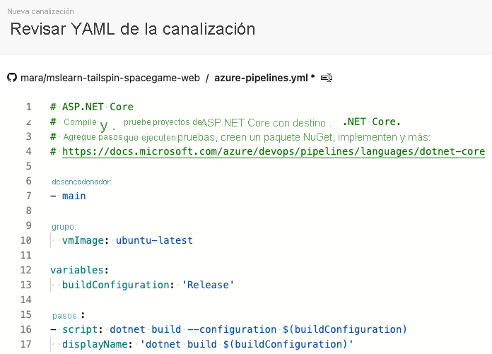 Captura de pantalla de Azure Pipelines en la que se muestra la configuración de compilación inicial.