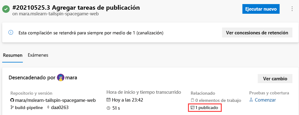 Captura de pantalla del resumen de la compilación. Entre los detalles se incluyen el repositorio y la versión, la hora de inicio y el tiempo transcurrido, así como un vínculo al artefacto de compilación publicado.