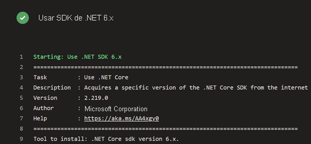 Captura de pantalla de Azure Pipelines en la que se muestra la tarea del SDK de .NET SDK que se ejecuta en la canalización.