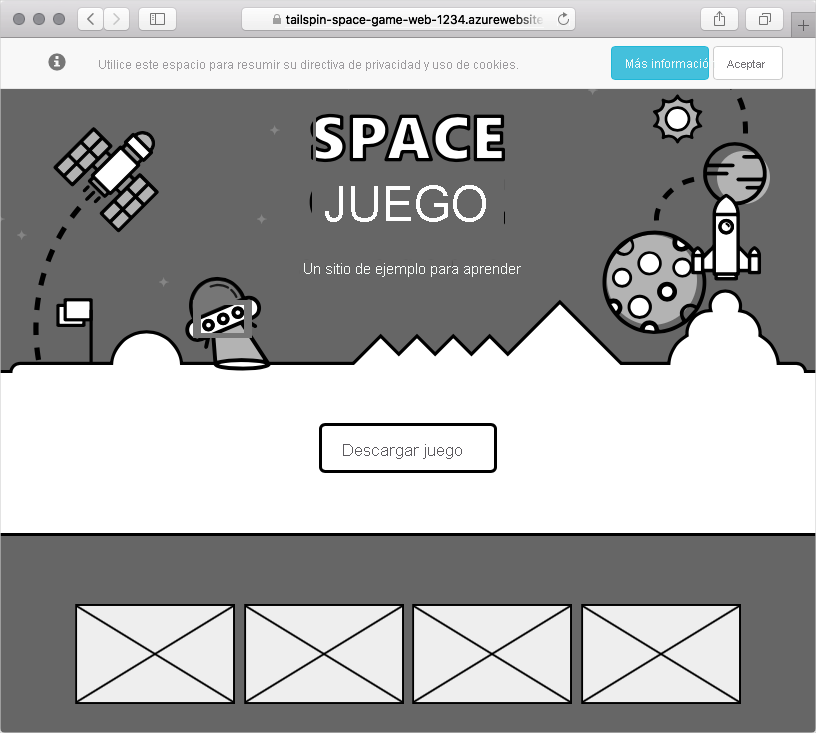 Captura de pantalla del explorador web en la que se muestra el sitio web de Space Game.