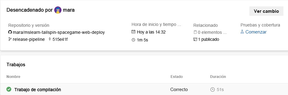 Captura de pantalla de Azure Pipelines en la que se muestra el resumen del trabajo.