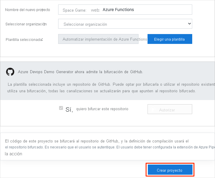 Captura de pantalla del generador de demostraciones de Azure DevOps en la que se muestra cómo crear el proyecto.