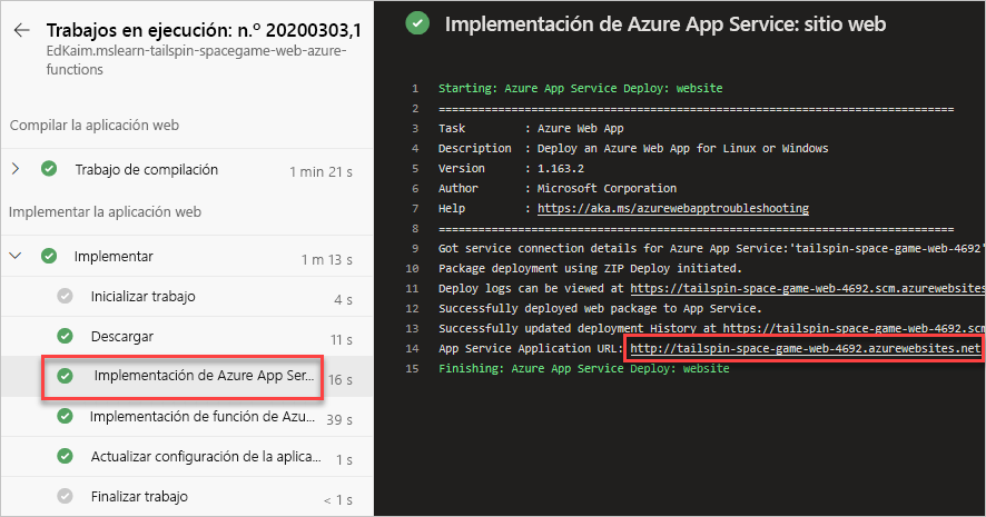 Captura de pantalla de Azure Pipelines en la que se muestra el URL del sitio web.