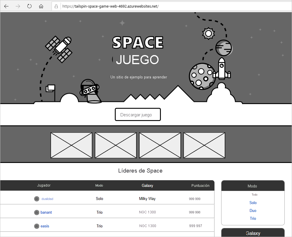 Captura de pantalla del sitio web de Space Game.