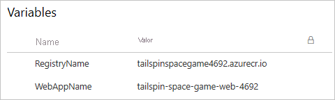 Screenshot of Azure Pipeline showing the variable group. The group contains two variables.