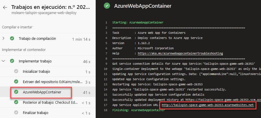 Screenshot of Azure Pipelines showing the location of the website URL.