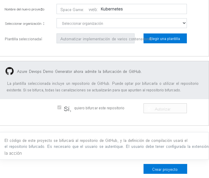 Screenshot of the Azure DevOps Demo Generator showing the process to create the project.