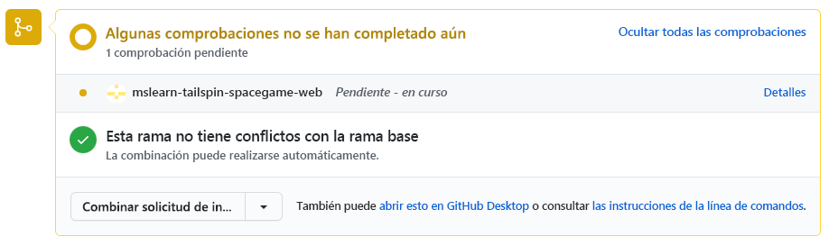 Captura de pantalla de GitHub en la que se muestran las comprobaciones de compilación que se ejecutan en Azure Pipelines.