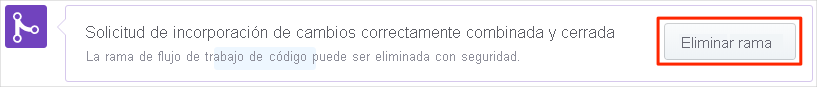 Captura de pantalla de GitHub en la que se muestra la ubicación del botón Eliminar rama.