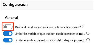 Captura de pantalla de Azure DevOps en la que se muestra cómo deshabilitar el acceso anónimo a las notificaciones.