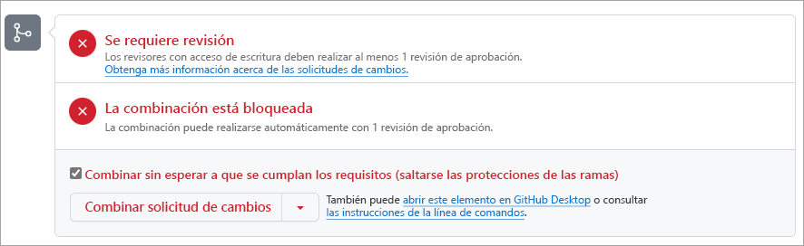 Captura de pantalla de una solicitud de incorporación de cambios en GitHub en la que se muestra que se requiere una revisión para fusionar mediante combinación.