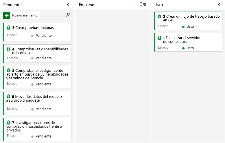 Captura de pantalla de Azure Boards en la que se muestra el elemento de trabajo en la columna Listo.