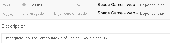 Captura de pantalla de Azure Boards en la que se muestran los detalles del elemento de trabajo de la incidencia Mover datos de modelo a su propio paquete.