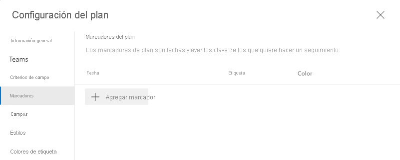 Captura de pantalla de la selección de la pestaña Marcadores en la configuración del plan de entrega.