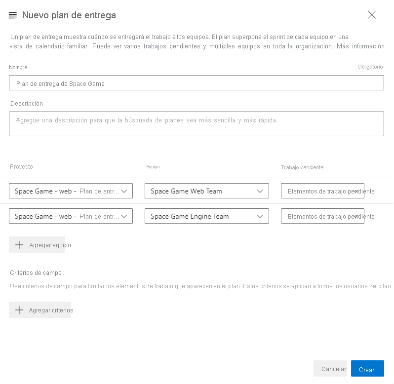 Captura de pantalla que muestra la configuración del plan de entrega final.