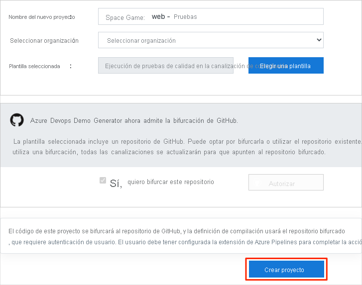 Captura de la pantalla Crear proyecto del generador de demostraciones de Azure DevOps con el botón Crear proyecto resaltado.