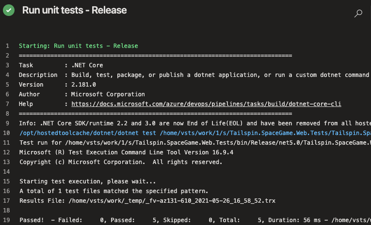 A screenshot of Azure Pipelines showing console output from running unit tests.