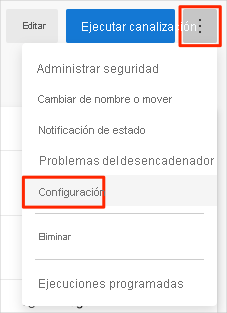 Captura de pantalla de Azure Pipelines en la que se muestra la ubicación del menú Configuración.