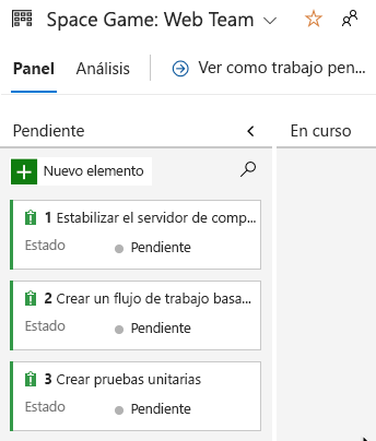 Captura de pantalla de Azure Boards en la que se muestran las tres tareas iniciales.