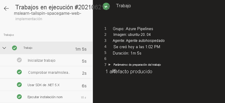 Screenshot of Azure Pipelines showing the running job.