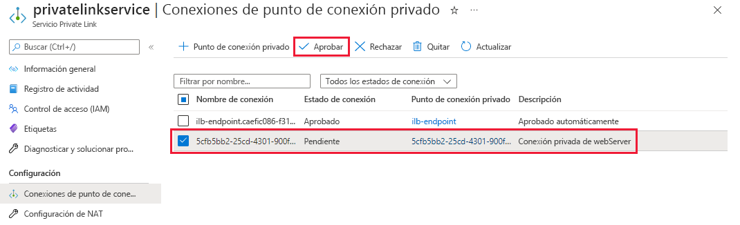 Screenshot of private endpoint connection approval list for web servers.