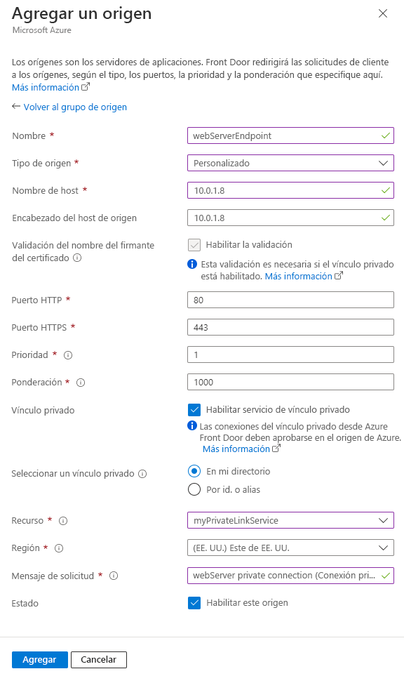 Screenshot of adding a web server origin setting in an origin group.